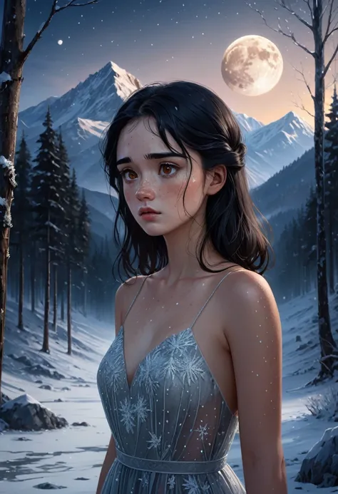 ((Best Quality)), ((Masterpiece)), (detailed), 1 girl, with freckles on his face, black hair, Brown eyes, she is wearing an ice dress, the girl is sad and conveys a feeling of melancholy, the girl is seen in the distance, is in a forest with mountains and ...