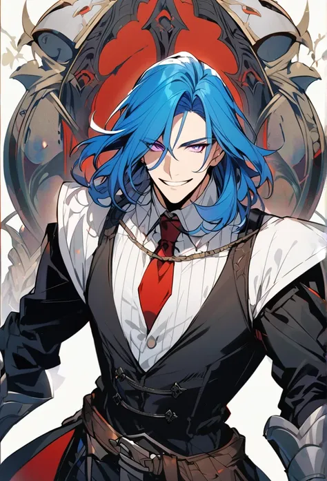 Handsome, 1 male, solo, medium length hair, Professor of magic without a hat, with bangs, bright blue hair with hidden white highlights, sharp eyes, purple eyes, white shirt, red tie, black jacket, black pants, smile facial, half body shot. medieval era. 