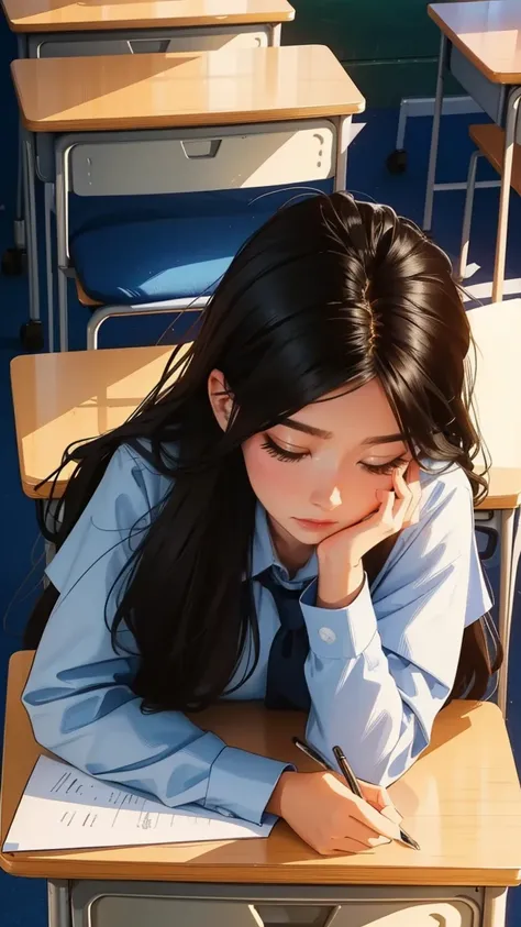 School classroom,Sleeping at a desk,beautiful girl,Distant View,Top view, UHD Portrait, (high quality) (Super detailed) ,Female High School Students,uniform, colorful, Long hair in color 🌈