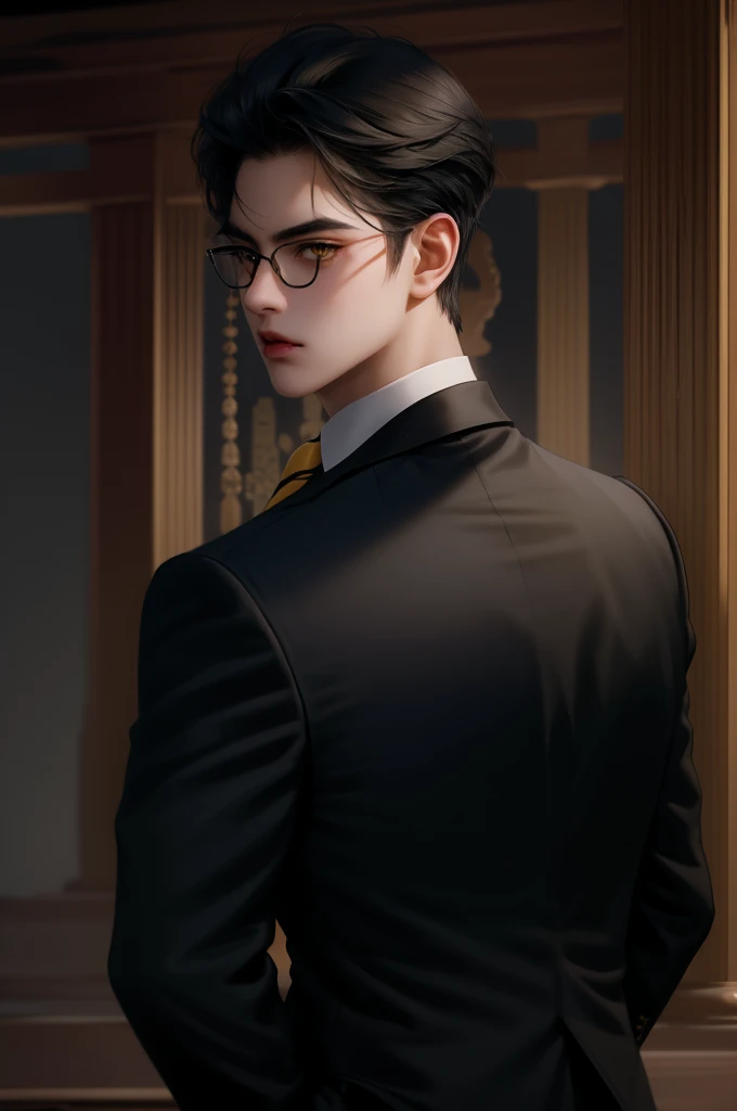 (masterpiece,best quality,ultra_detailed,highres,absurdres) (detailed shadow) (quality light),1 mature male, 21 years old, korean male focus, solo, mid-length black hair, (yellow eyes), ancient temple background, full body, looking at viewer, parted lips, ...