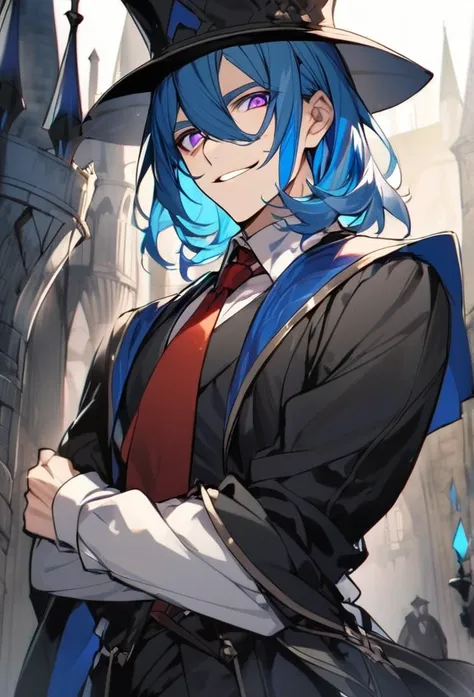 Handsome, 1 male, solo, medium length hair, Professor of magic without a hat, with bangs, bright blue hair with hidden white highlights, sharp eyes, purple eyes, white shirt, red tie, black jacket, black pants, smile facial, half body shot. medieval era. 