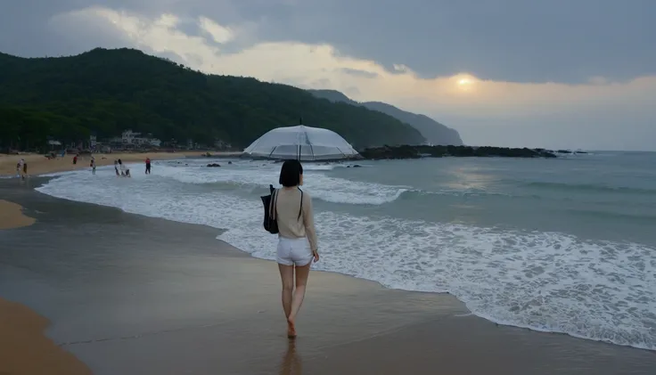 8k, realistic, lifelike photo, Realistic appearance of nature, beach at sunset, pale light, umbrella, rain, 36 year old Korean woman, short medium hair, tower, white shorts endless beach. from a distance with a wide angle lens , waves crashing, Clear pictu...