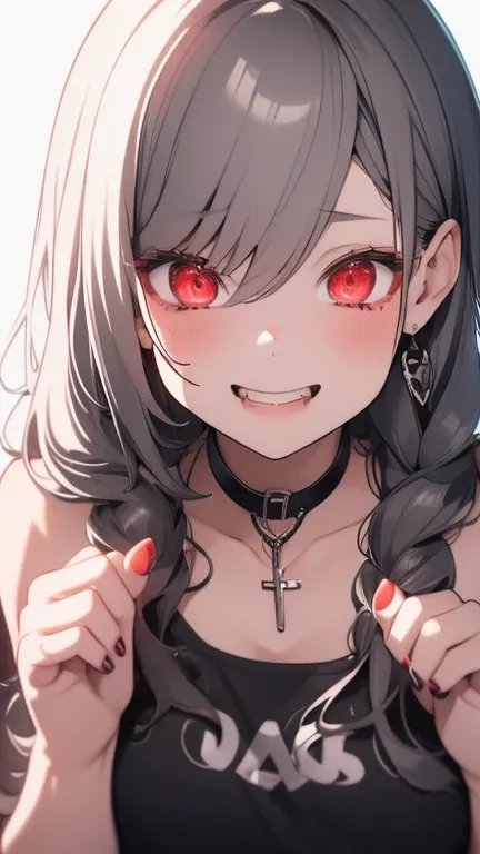 One girl,heart、Throb、nail,　put your hand on your face,Silver Hair,Red eyes,(blush:1.1),choker,Upper Body,trembling,Sweat,Sweatdrop,(Speed Line:1.1),Medium chest, ((Heavy breathing:1.3)),,Crop top, Troubled face, smile、Ahegao、Cross-eyed、Mouth slightly open、...