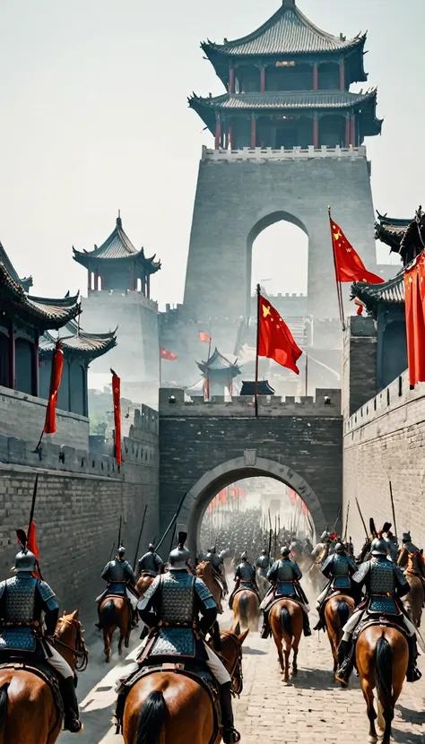 A squad of cavalry，Enter the towering city walls，Chinese City Gate