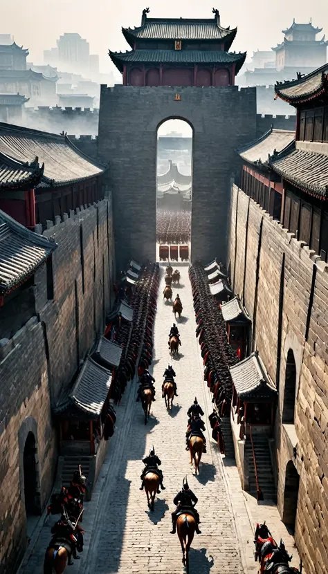 a squad of cavalry，enter the towering city walls，chinese city gate