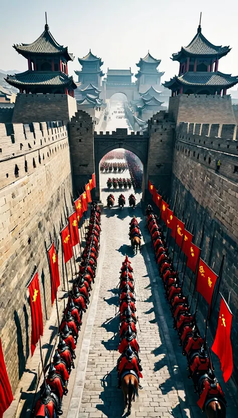 a squad of cavalry，enter the towering city walls，chinese city gate