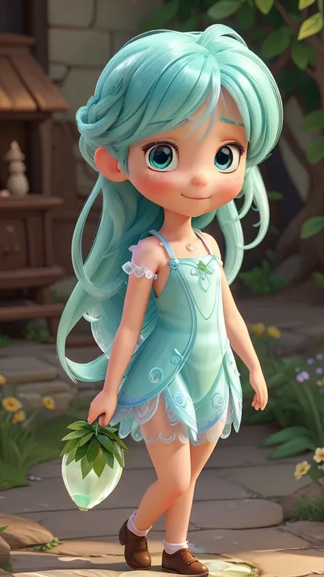 Create a half-body 3D model of a cute fairy girl. She should have delicate, ethereal features with big, expressive eyes and a sweet smile. Her hair should be long and flowing, possibly with some magical sparkle or light effects. She should have elegant, tr...