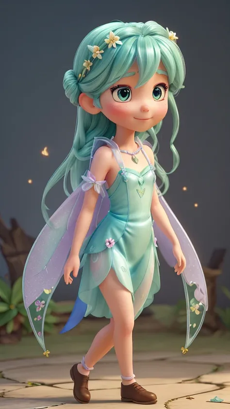 Create a half-body 3D model of a cute fairy girl. She should have delicate, ethereal features with big, expressive eyes and a sweet smile. Her hair should be long and flowing, possibly with some magical sparkle or light effects. She should have elegant, tr...