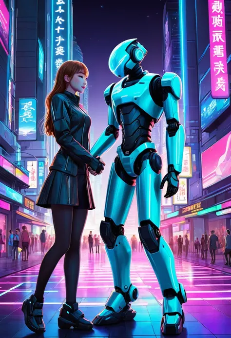 Create an anime-style illustration of a couple in love, set in a futuristic world where advanced technology and robots coexist with humans. The couple should be in a tender, affectionate moment, perhaps holding hands or embracing. The background should be ...