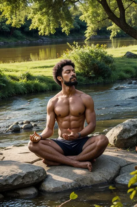 A man meditating , river in the background, spiritual face 