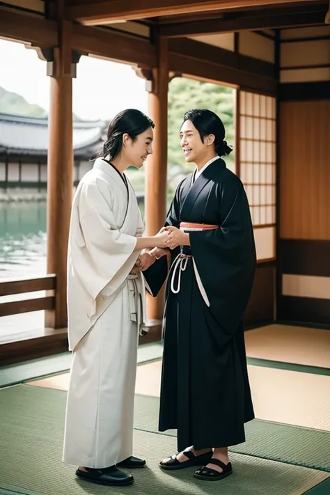 "Generate an image of Sakamoto Ryoma and another man confidently shaking hands with a strong and dignified posture, each holding onto the handshake with one hand, in a scene that suggests they have formed an alliance. This is set in a backdrop reminiscent ...