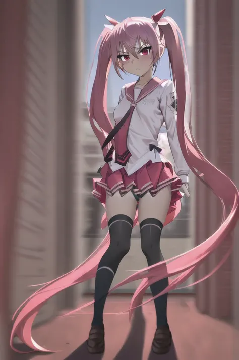 (serious:1.2), looking at another, 
1girl, kharia, pink hair, twintails, long hair, red hair ribbon,  red eyes,
(school uniform:1.2), long sleeves, short necktie,  flat chest,  miniskirt, black thighhighs,
((vaginal,sex))
