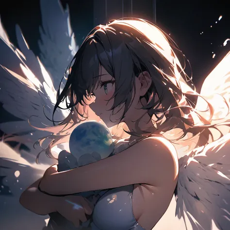 Top quality, masterpiece, a girl gently embracing the beautiful earth, Front facing, Close-up,light 青と白の leotard swimsuit with angel wings, double exposure, contrast splashes of light and shadow