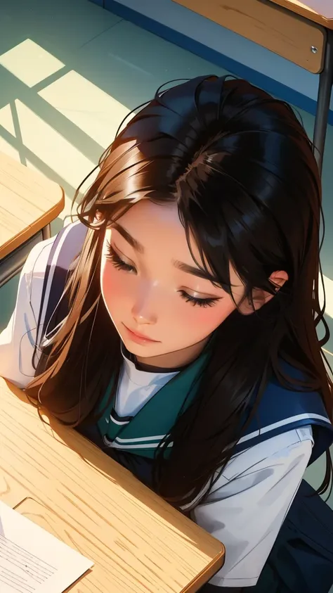 School classroom,Sleeping at a desk,beautiful girl,Distant View,Top view, UHD Portrait, (high quality) (Super detailed) ,Female High School Students,uniform, colorful, Long hair in color 🌈