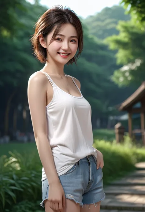 Innocent 20 year old girl、((White tank top, Dramatic poses)),Smile,short-cut,Natural park、Raw photo, (8K、top-quality、​masterpiece:1.2)、(intricate detailes:1.4)、(Photorealsitic:1.4)、octane renderings、Complex 3D rendering ultra detail, Studio Soft Light, Rim...