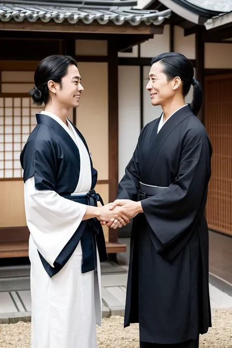 "Generate an image of Sakamoto Ryoma and another man confidently shaking hands with a respectful distance between them, each extending one hand for the handshake, in a scene that suggests they have formed an alliance. This is set in a backdrop reminiscent ...