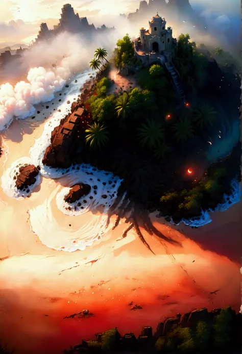 arafed, an oil painting of an island of mystery, an island of enigma, an island of secrecy, there some palm trees, white and red sand, some mist surrounds the island, it is the time between the night an day, the sun is in the horizon and some stars are sti...