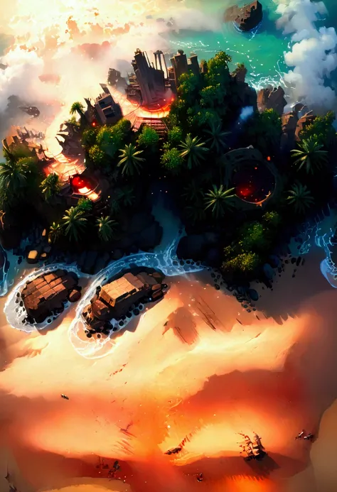 arafed, an oil painting of an island of mystery, an island of enigma, an island of secrecy, there some palm trees, white and red sand, some mist surrounds the island, it is the time between the night an day, the sun is in the horizon and some stars are sti...