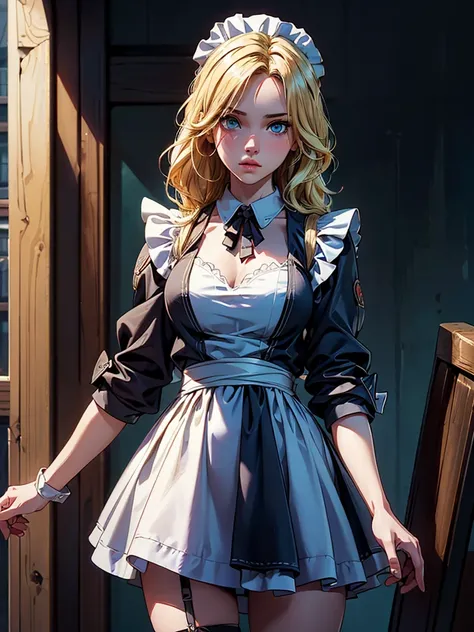 ((master part)), ((best quality)), ((highres)), ((detailed backgrounds)), ((extremely detailed CG unit 8k wallpaper)), standing alone, Shiona, blonde hair, long  hair, blue colored eyes, tuft of hair, cowboy shot, plein-air, ((maid outfit))  sultry look, s...