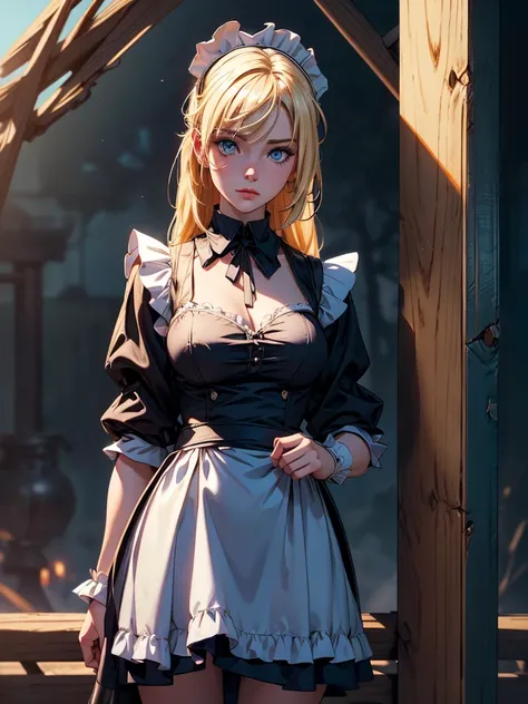 ((master part)), ((best quality)), ((highres)), ((detailed backgrounds)), ((extremely detailed CG unit 8k wallpaper)), standing alone, Shiona, blonde hair, long  hair, blue colored eyes, tuft of hair, cowboy shot, plein-air, ((maid outfit))  sultry look, s...