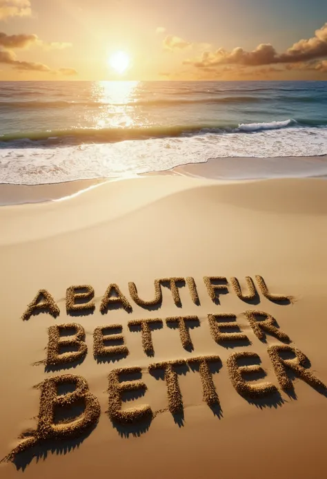 generate a typography 3D render with the words "A beautiful and better day from Jeanette" writen on the sand at the shore of a beautiful morning beach landscape, with the sun rising at the horizon on the ocean.