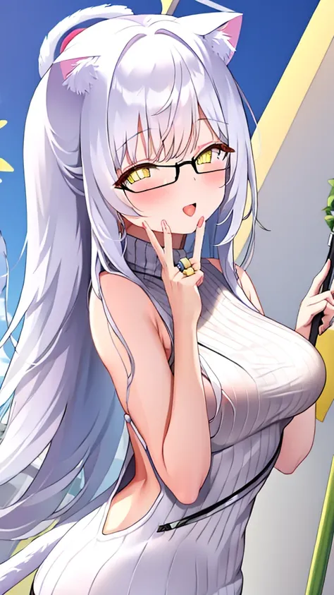 A 20-year-old female angel with long hair, white hair, yellow eyes, cat ears, cat tail, breasts, and white angel wings. A glowing yellow halo ring overhead. Wear round glasses (White halter turtleneck sweater, white purekiller sweater, sleeveless, sexy bac...