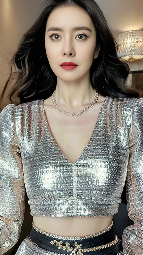 1 Woman，Perfect face，Low-cut sequined crop top，necklace. (best quality, Super Detail : 1.2), (masterpiece, Reality : 1.3), Thin waist