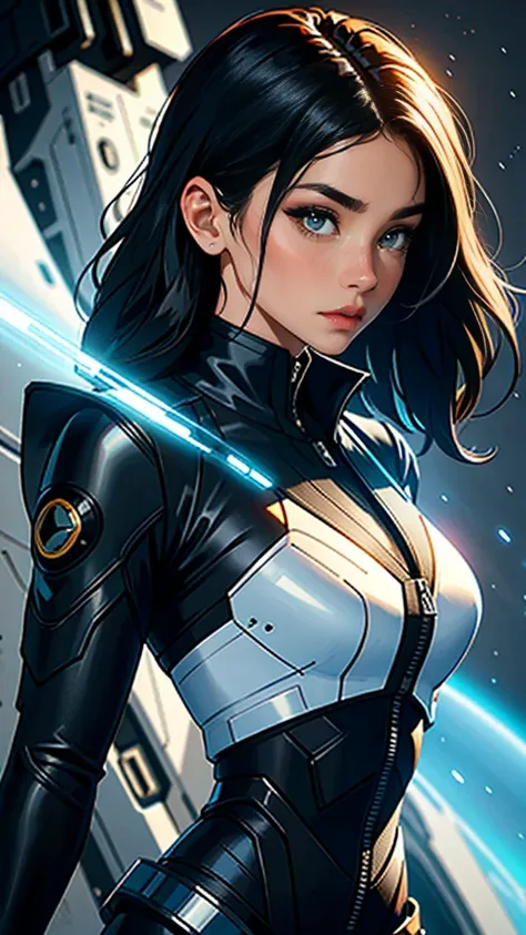 Futuristic, female portrait, (Highest resolution, distinct_image) Best quality, A masterpiece, Highly detailed, Half realistic, with short black hair, Black hair, bangs, 18 years old,mature, Young, Tall and strong, Black skinny fit, Black flight suit, Spac...