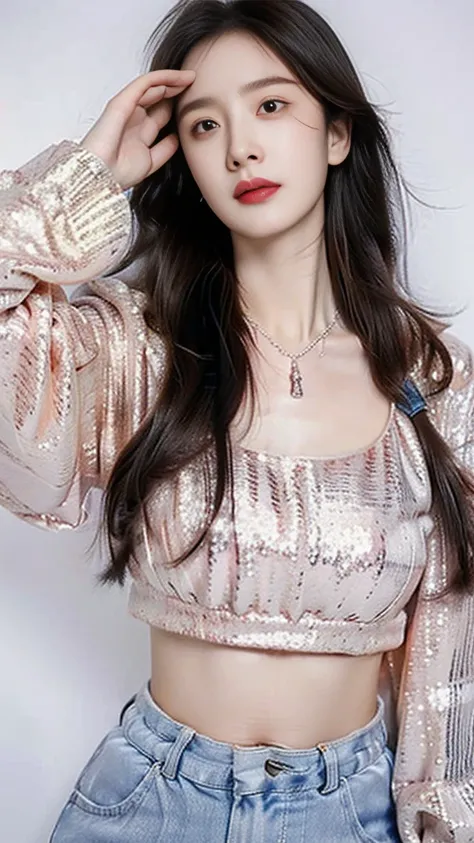 1 Woman，Perfect face，Low-cut sequined crop top，necklace. (best quality, Super Detail : 1.2), (masterpiece, Reality : 1.3), Thin waist