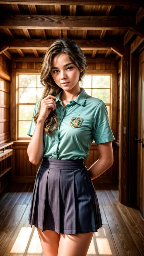 a girl in a summer school uniform lying in the hallway of a wooden schoolhouse, warm early summer sunlight streaming in, beautif...