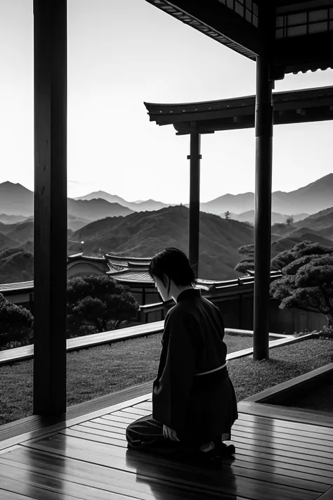 "Generate an image of Sakamoto Ryoma kneeling on the ground in a wide open landscape at dawn, covering his face with his hands in sorrow. The scene is set in a backdrop reminiscent of late Edo-period Japan, with the first light of dawn illuminating the hor...