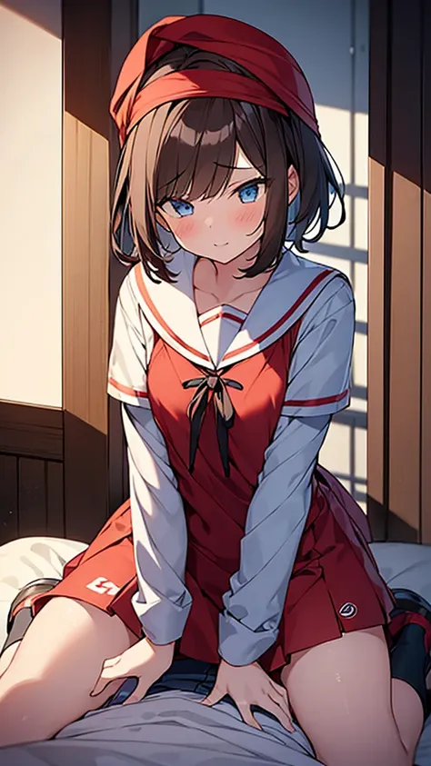 ((Girl having intense vaginal sex with man:1.1)), One girl, May Pokemon, red Bandana, Brown Hair, short hair, blue eyes, 黒と赤い服,Mei&#39;s Clothes, 短い白いスカート, スパッツ, chest, Chest cleavage, Bounce, Thighs, indoor, 32k,Super detailed,Ultra-detailed, {{Metamon tr...