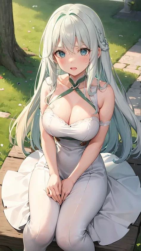 Girl with long green hair,Inner color and white hair、 Beautifully shaped breasts with tension, Green Eyes, Moonlight、moonlight、White Casual Beauty Special、、、,Full body photo from head to toe、Proud expression、Older sister、Emotionally rich facial expressions...