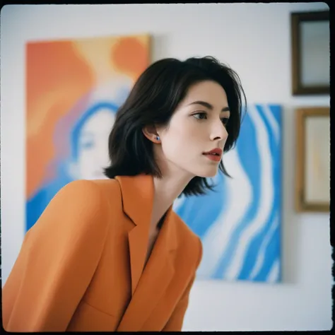 Closeup profile angle portrait photo of an eccentric beautiful face Japanese kawaii woman,still from the film, (Anne Hathaway look alike face: 0.9), posing in a modern art gallery, orange and blue colors, Leica SL3, Summicron-SL 75 f/2 ASPH, kodak gold 200...