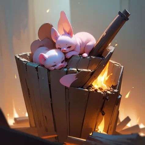 A cute pink piglet sitting next to a fire pit made of three wooden logs, roasting poop with a small wooden stick, beautiful detailed eyes, beautiful detailed lips, extremely detailed eyes and face, long eyelashes, adorable, whimsical, (best quality,4k,8k,h...