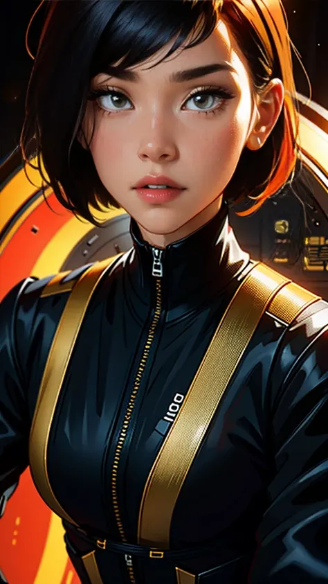 Close-up, Short hair, red hair, black and gold clothing, Futuristic, female portrait, (Highest resolution, distinct_image) Best quality, A masterpiece, Highly detailed, Half realistic, with short black hair, Black hair, bangs, 18 years old,mature, Young, T...