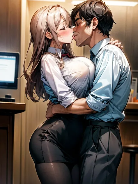 (One girl, One middle-aged man), pantyhose, pantyhose, White shirt, Pencil Skirt, blush, French kiss,, hug, Big Breasts, close your eyes, office, Very detailed, High resolution, 4K, masterpiece, High resolution