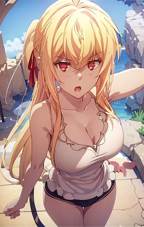 Masterpiece, best quality, highly detailed, highres, 8K, natural lighting, 1 girl, blonde hair, ahoge, ruby eyes, huge breast, black tank top, mini short pants, she wet, sexy pose, outdoor , detailed eyes, perfect eyes colors, full body shoot, detailed eye...