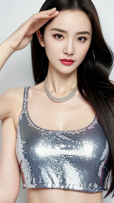 1 woman，perfect face，clear facial features，low-cut sequined crop top，necklace. (best quality, super detail : 1.2), (masterpiece,...