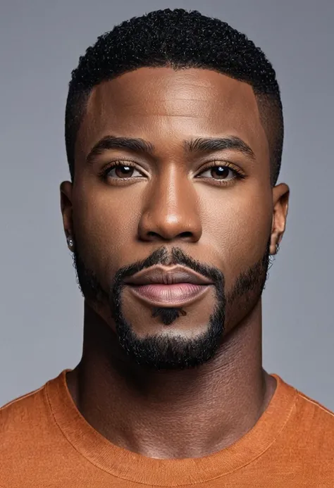 Waist-up shot of a handsome African American male whose face combines features of Ray J + Devon Terrell + Nathan Mitchell + Robert Christopher Riley. The male does NOT have facial hair. Symmetrical eyes. Symmetrical face. Photorealistic. Full-colored photo...