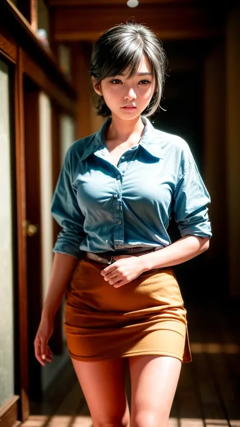 a girl in a summer school uniform lying in the hallway of a wooden schoolhouse, warm early summer sunlight streaming in, beautifully detailed eyes, beautiful detailed lips, extremely detailed eyes and face, long eyelashes, intricate wooden architecture, or...