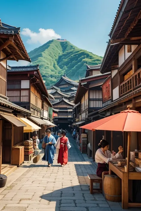 "Generate an image of a scene depicting bustling trade activities during the late Edo period in Japan. The setting is a vibrant port town or a bustling marketplace near the harbor. Traditional wooden warehouses and trading posts line the waterfront, with m...