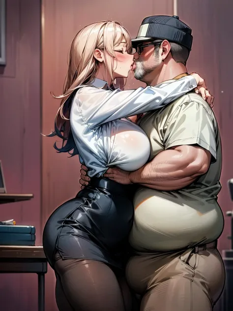 (one girl, a fat middle-aged man), pantyhose, pantyhose, white shirt, pencil skirt, blush, french kiss,, hug, big breasts, close...