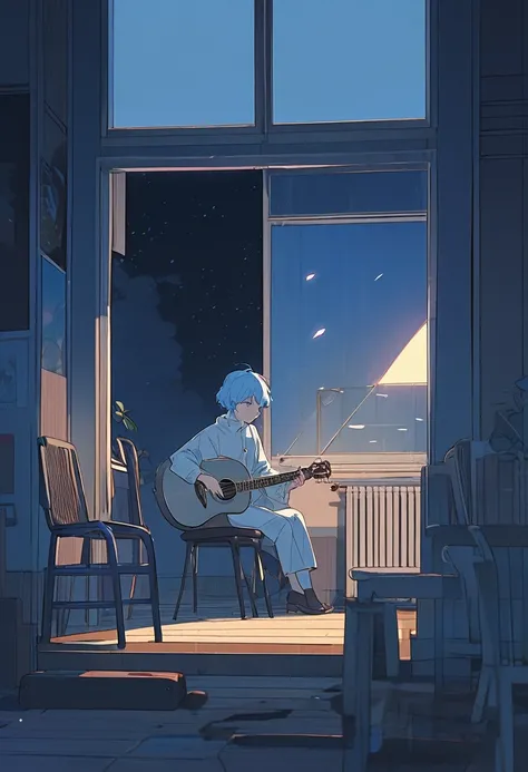 There is a picture of a man sitting on a chair with a guitar., Lo-fi Girl, Conrad Rothe and Makoto Shinkai, Anime atmosphere, Sad and calm atmosphere, Anime Aesthetics, Girl playing guitar, lo-fi, Lo-Fi, Lo-Fi illustration style, Anime-style illustrations,...