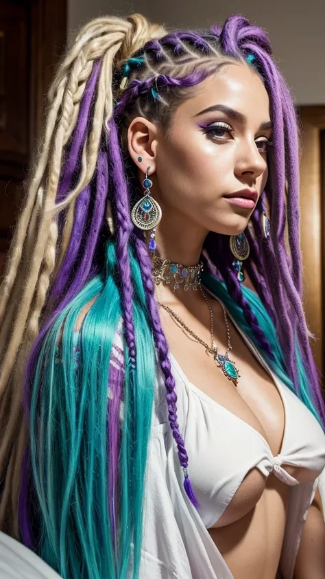 white woman with purple hair sitting on a bed, with aqua rapunzel dreadlocks, huge earrings and queer make up, with aqua neon dreadlocks, colorful pigtail, with haunted eyes and crazy hair, lots of dreadlocks on the head, dreads, wearing spikes and piercin...