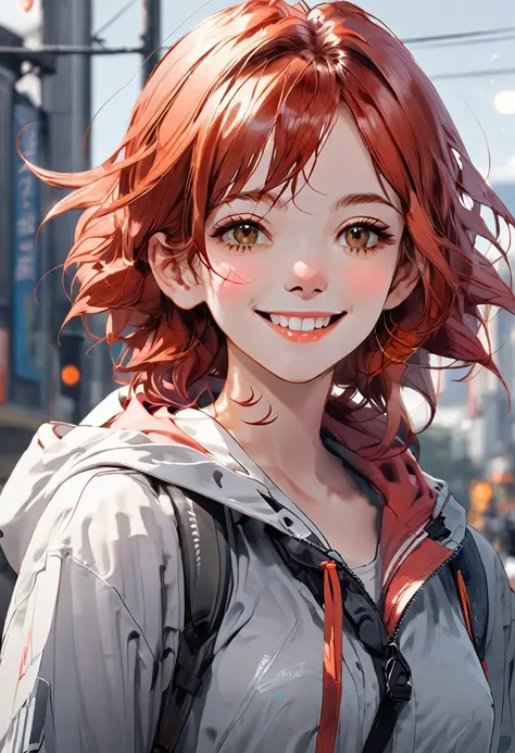 masterpiece, Highest quality, Highly detailed CG Unity 8K wallpapers, Anime Girl Illustration, Red Hair, smile, grey background