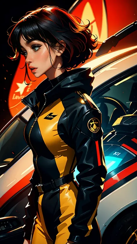 Close-up, Short hair, red hair, black and gold clothing, Futuristic, female portrait, (Highest resolution, distinct_image) Best quality, A masterpiece, Highly detailed, Half realistic, with short black hair, Black hair, bangs, 18 years old,mature, Young, T...