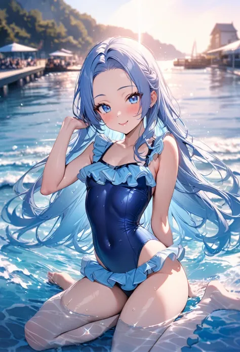 (full body, pov lovely swimsuit style) (beautiful body), (solo:2, 15 yo, forehead blue hair long hair lovely girl, cute blue eyes, glossy lip, love smile), (in a double exposure:1.2 beautiful water, cute Layered frills blue one piece swimsuit with), break,...