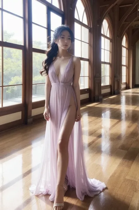 live-action、4K、Beautiful women in their 30s。Lavender-colored crystal-like texture、A long, transparent dress that lets you see your bare skin。Sleeveless。Cleavage。Her hair was tied up in a bun、It is slung over the shoulder。She walks gracefully in the breeze。...