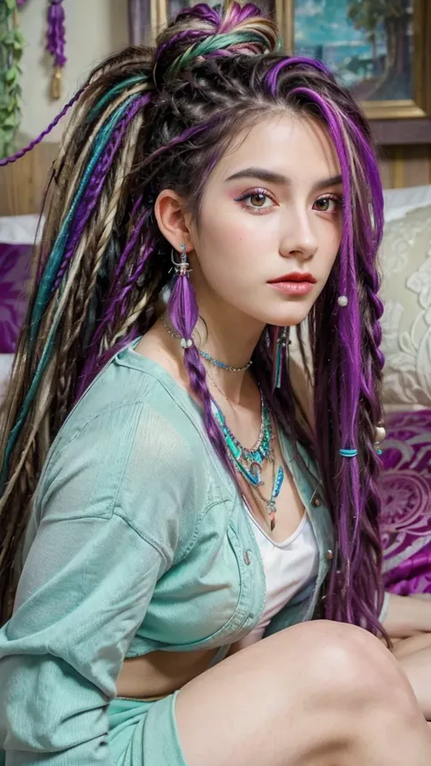 white woman with purple hair sitting on a bed, with aqua rapunzel dreadlocks, huge earrings and queer make up, with aqua neon dreadlocks, colorful pigtail, with haunted eyes and crazy hair, lots of dreadlocks on the head, dreads, wearing spikes and piercin...